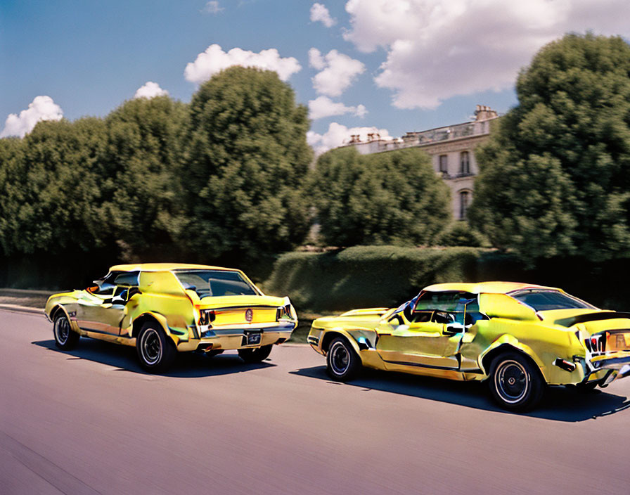 Classic muscle cars racing on a clear day with trees and building in the background