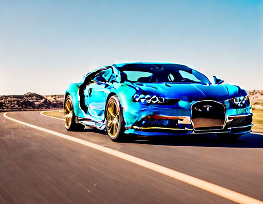 Sleek Vibrant Blue Sports Car Speeding in Desert Landscape