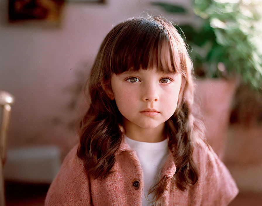 Young girl with bangs in white shirt and pink cardigan among indoor plants