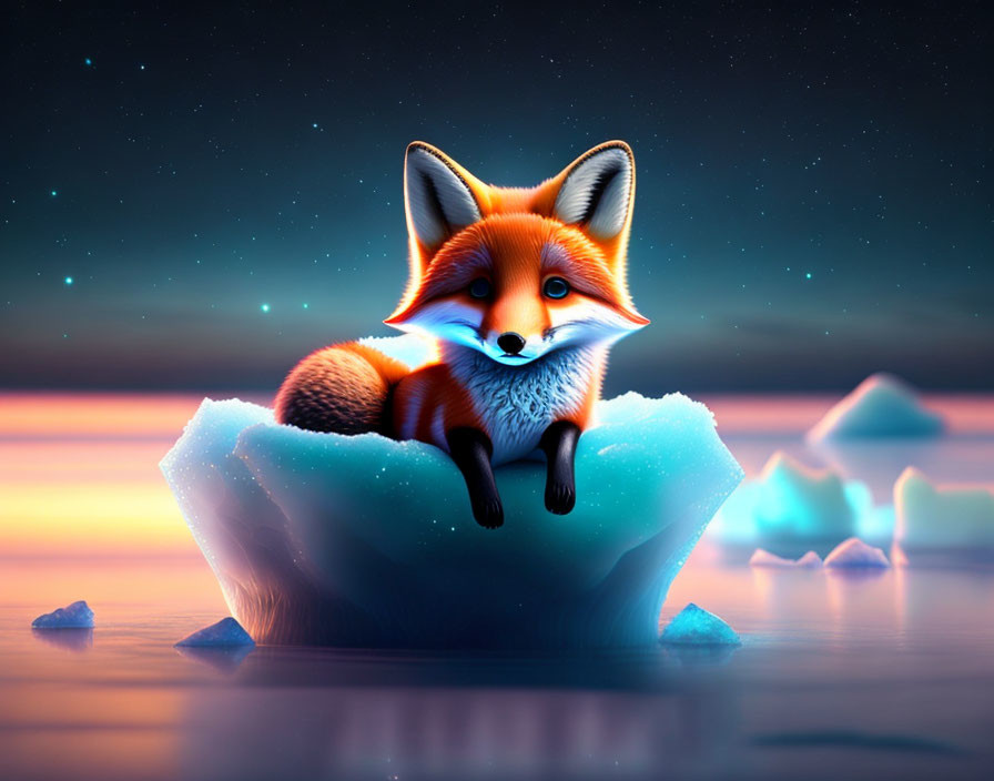 Red Fox Sitting on Iceberg Under Twilight Sky with Stars