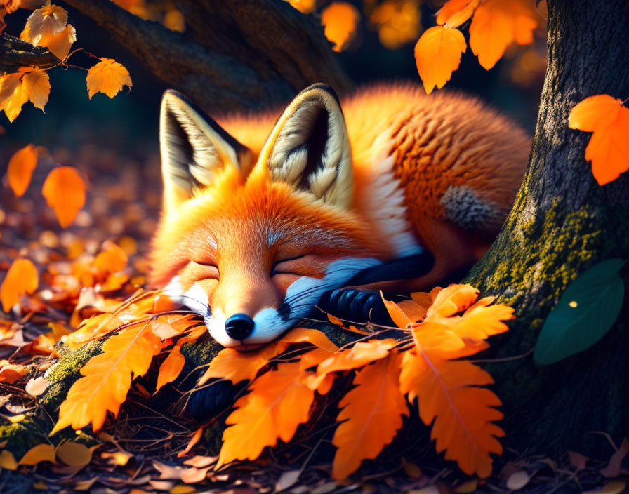 Fox Sleeping Under Autumn Tree with Orange Leaves