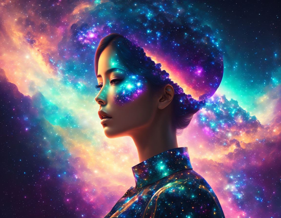 Woman's Profile Blending into Cosmic Nebula