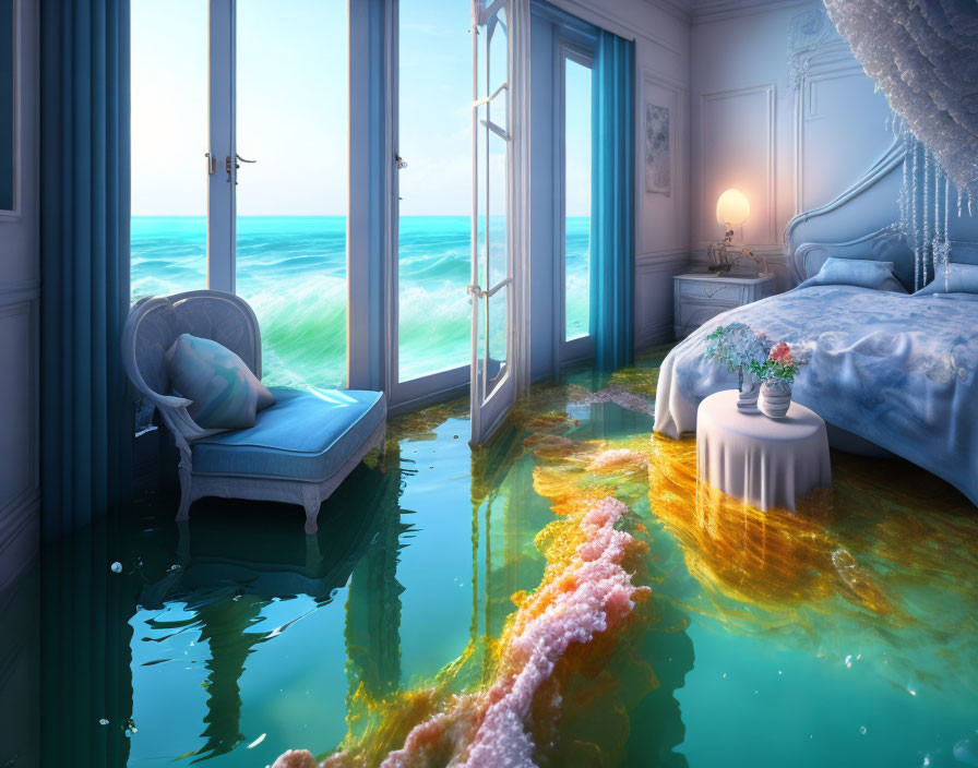 Bedroom flooded with ocean water and sunlight, chaise lounge submerged.