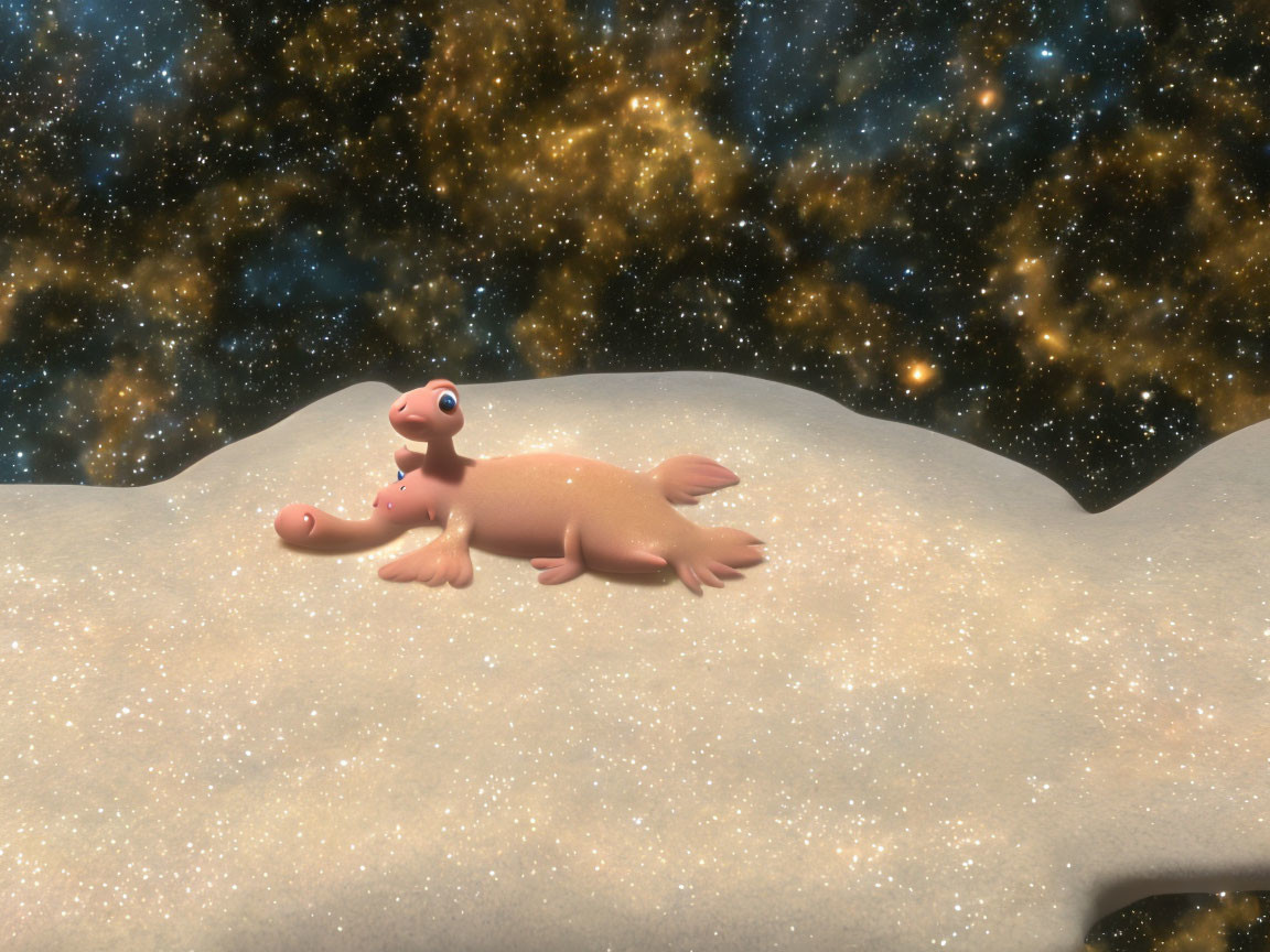 3D animated tan bear in snowy landscape under starry sky