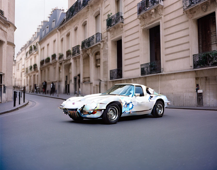 White Sports Car with Blue Stripes on Urban Street with Classic European Architecture