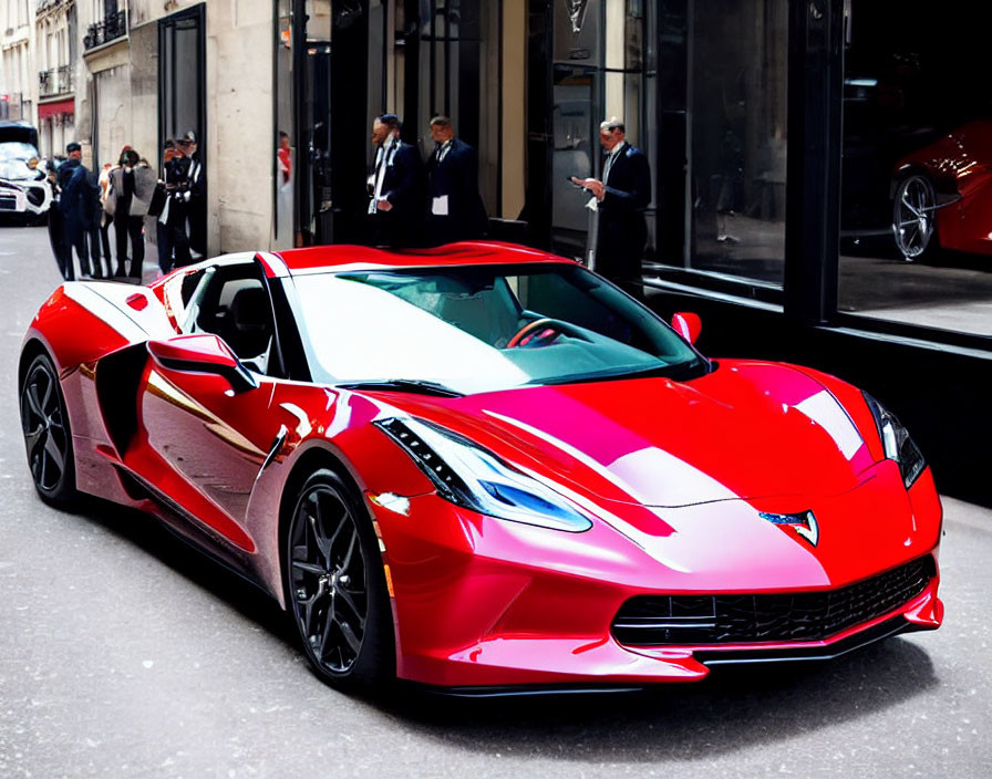 Red sports car parked on street with onlookers in background