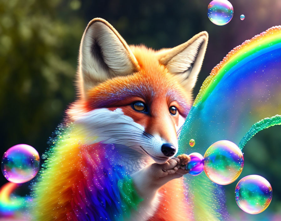 Colorful Fox Blowing Soap Bubbles in Enchanted Forest