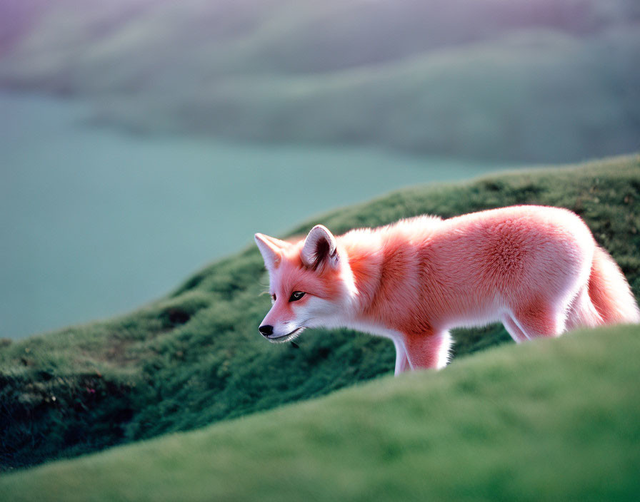 Red fox standing on green hillside with rolling hills background