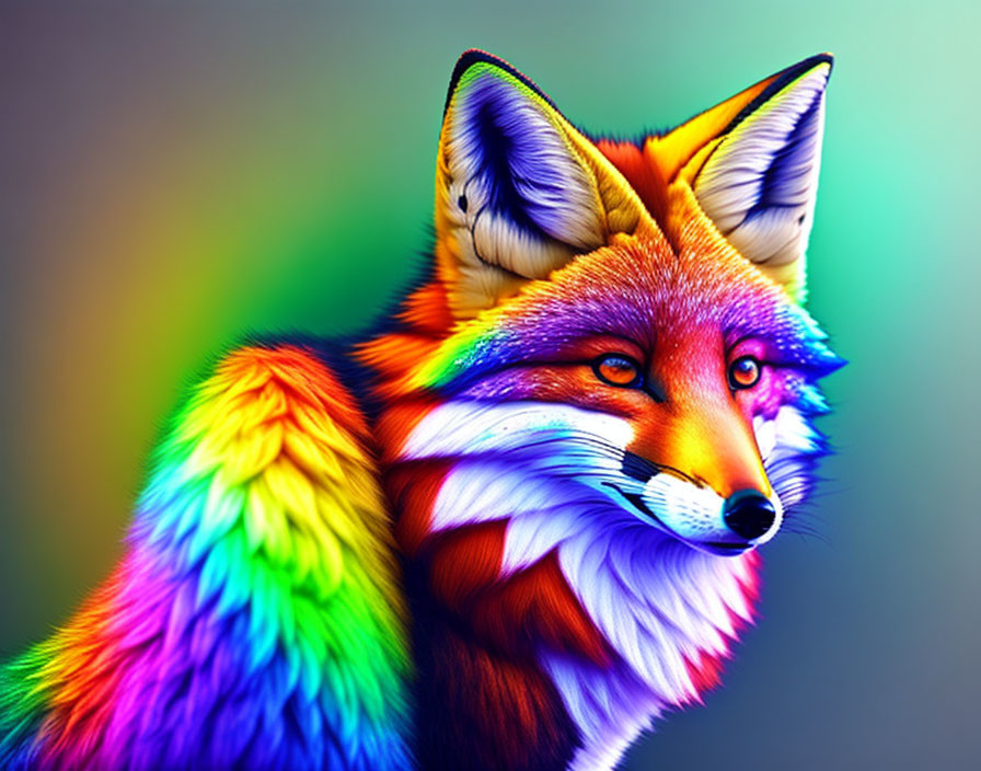 Colorful Fox Illustration with Rainbow Fur on Multicolored Background