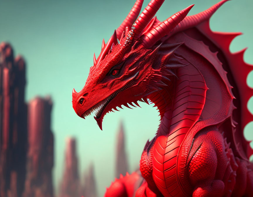 Red dragon with intricate scales against rocky backdrop