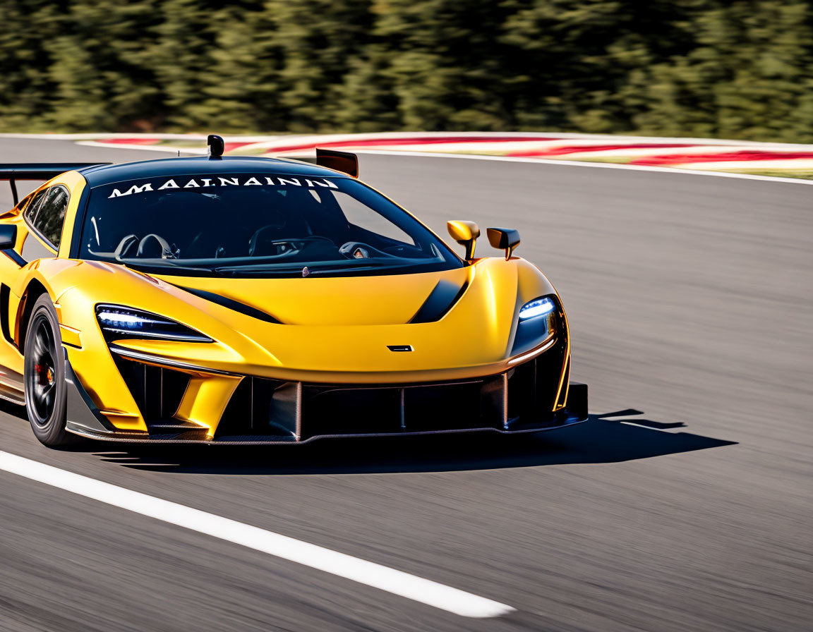 Yellow sports car with black accents speeding on track with motion blur.