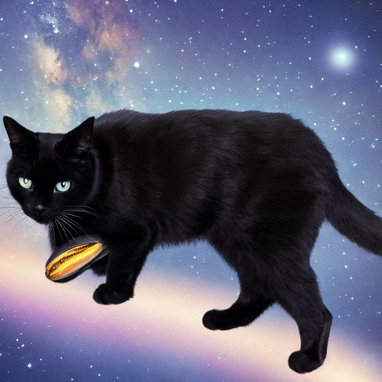 Black Cat Holding Burger on Cosmic Background