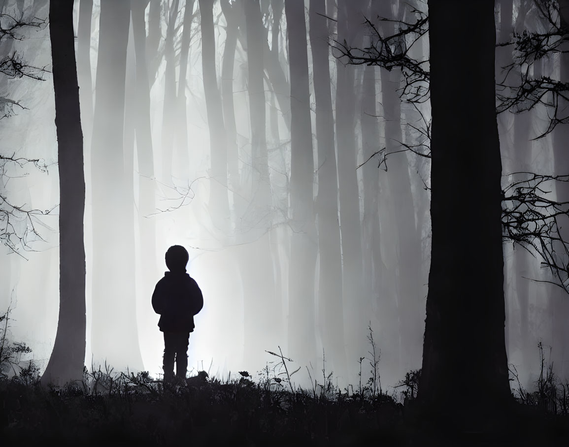 Child in eerie forest with misty backdrop