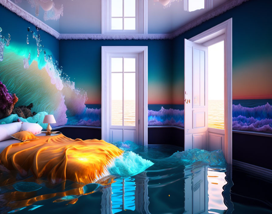 Surreal bedroom with dissolving walls into sea and sunset view.