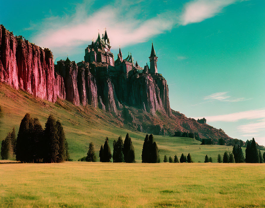 Majestic castle on steep cliff with grasslands and trees