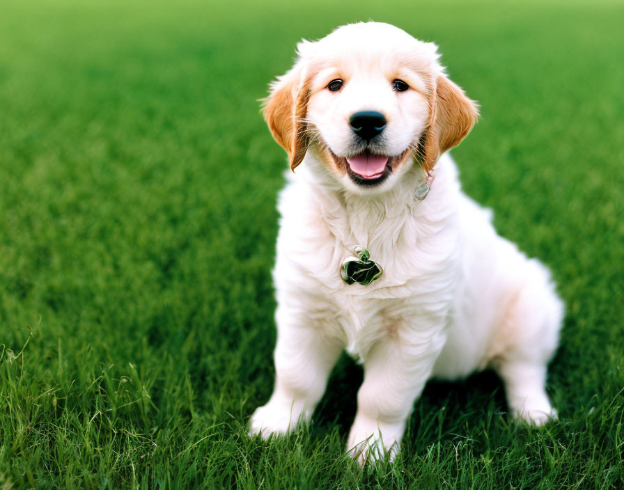 Golden Retriever Puppy with Collar Sitting on Green Grass