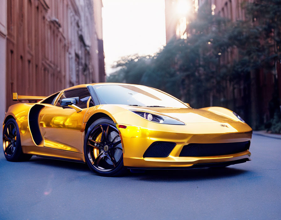 Bright yellow sports car on city street at sunset