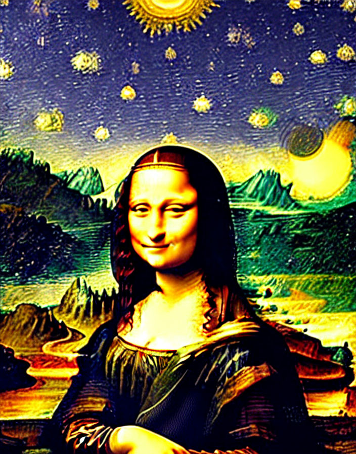 Digitally Altered Mona Lisa with Celestial Background and Surreal Aesthetic