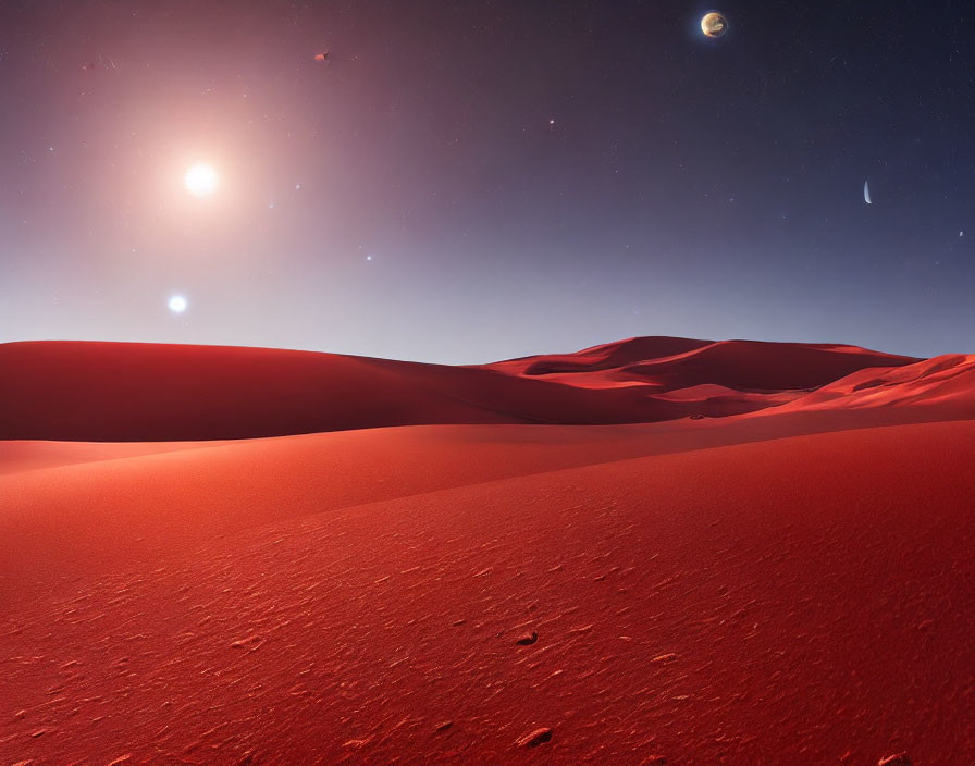 Expansive surreal landscape with red sand dunes under starry sky