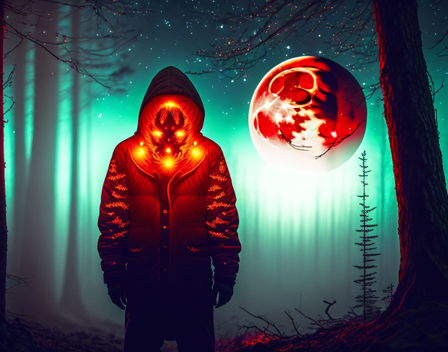 Mysterious figure in red hoodie in dark forest with red moon