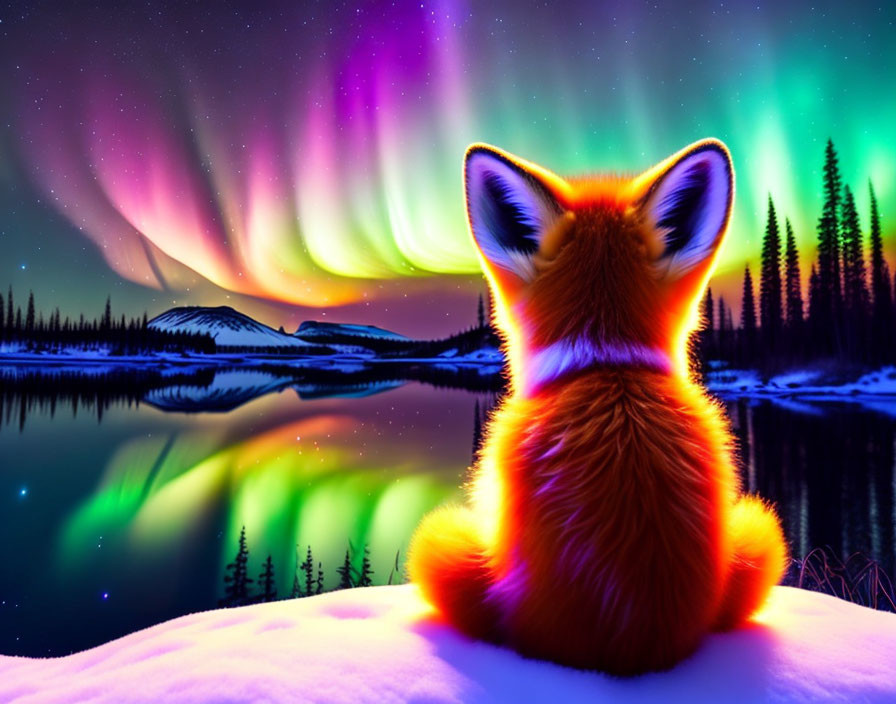 Fox observing aurora borealis over serene lake and starlit forest.