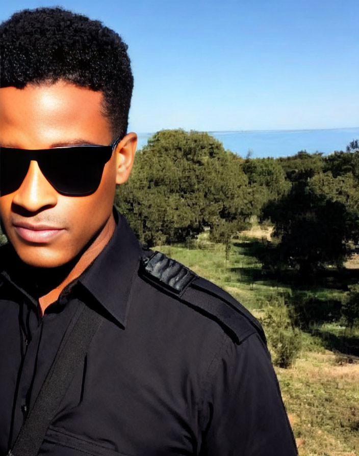 Man in sunglasses against tree and sea backdrop