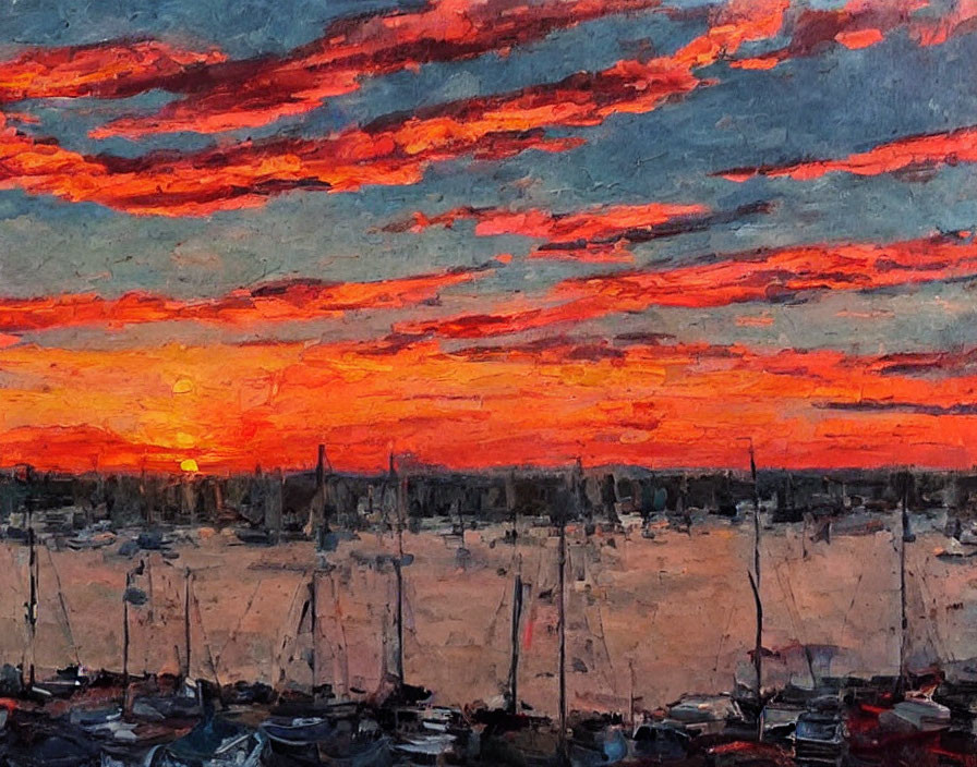 Fiery red and orange sunset over sailboat-filled marina