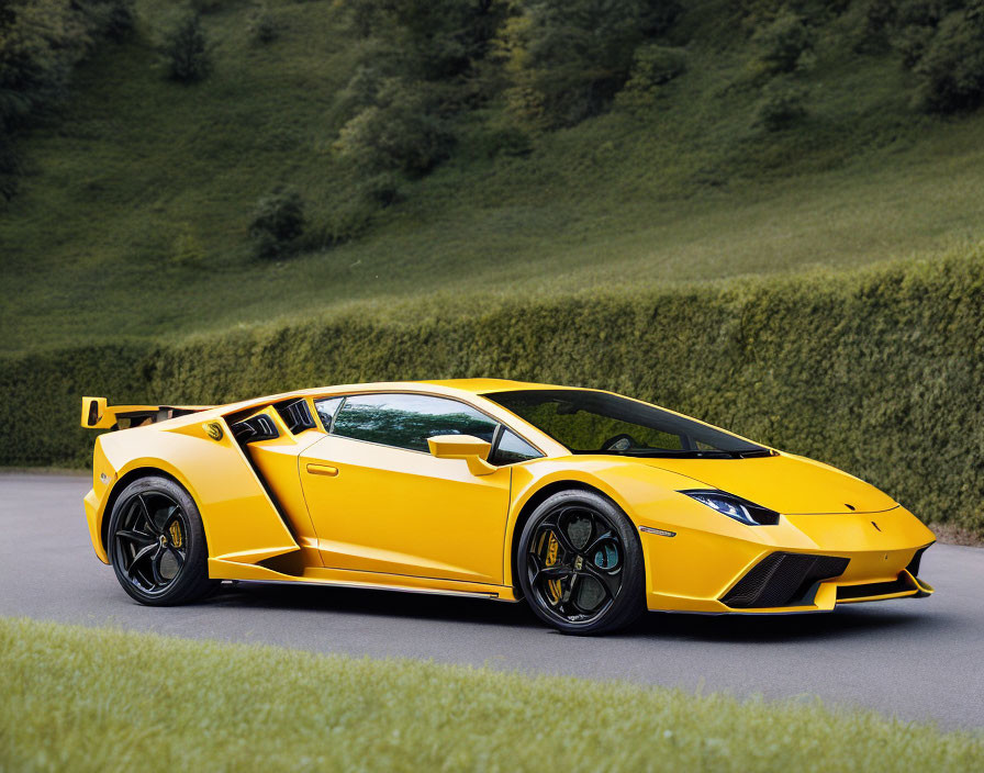 Yellow Lamborghini Gallardo with Rear Spoiler Parked on Road Near Green Grass Hillside