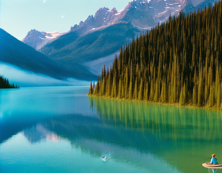 Serene lake with pine trees, mountains, clear sky, person paddling board