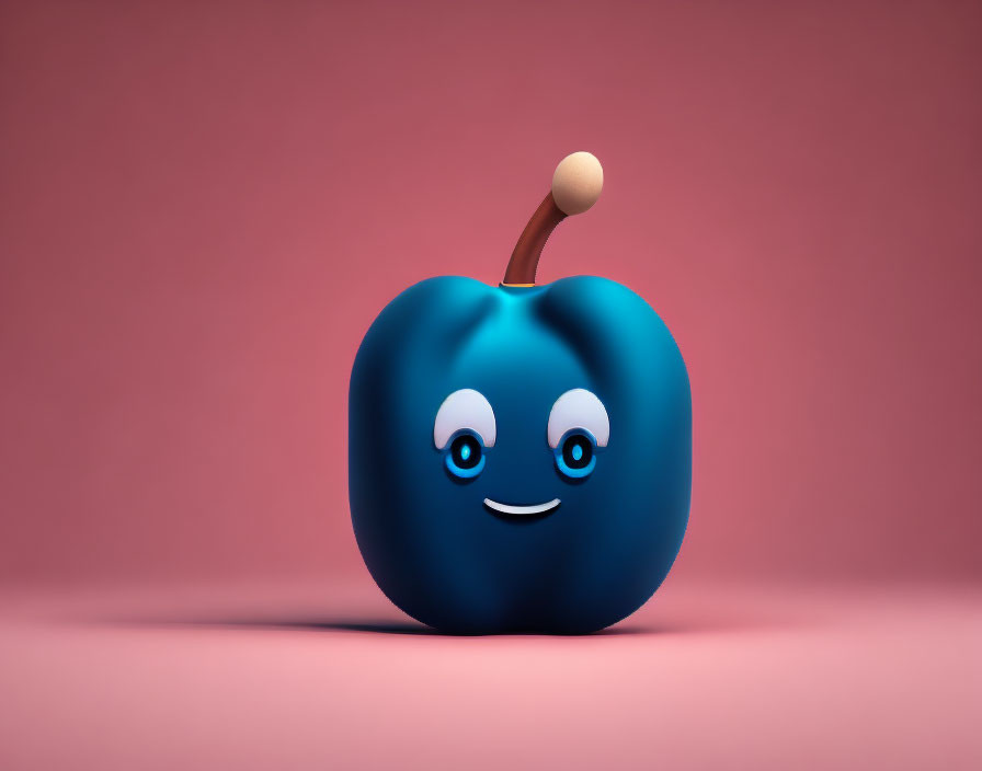 Colorful 3D illustration of a smiling blue apple on pink background