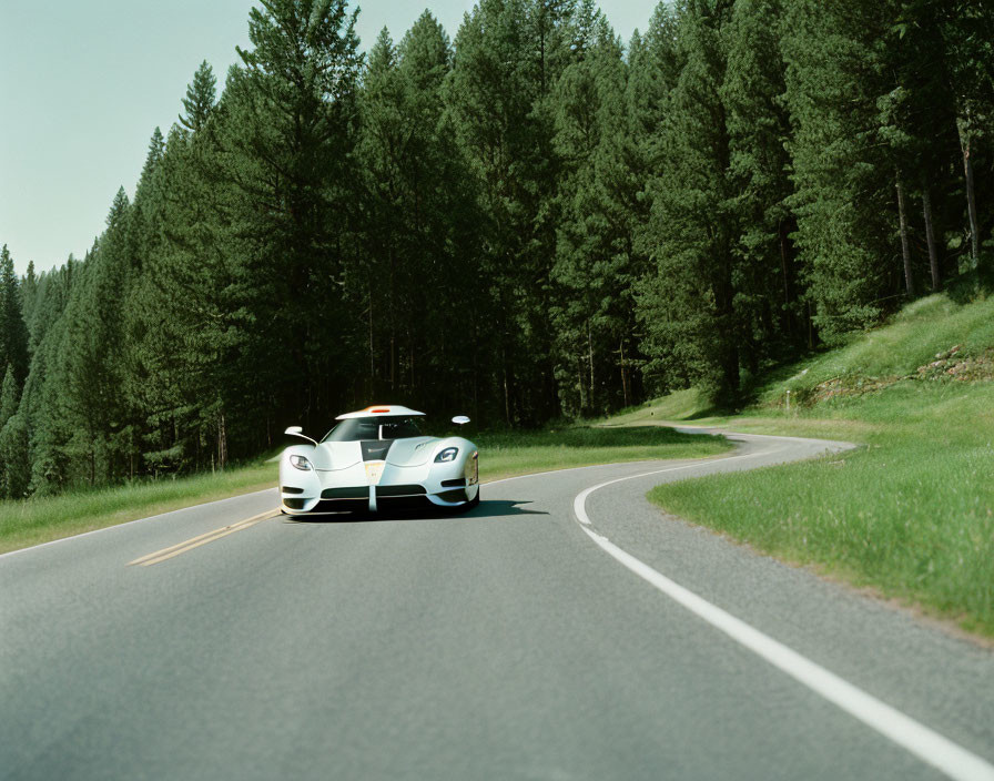 Sports Car Parked on Winding Road Surrounded by Tall Pine Trees