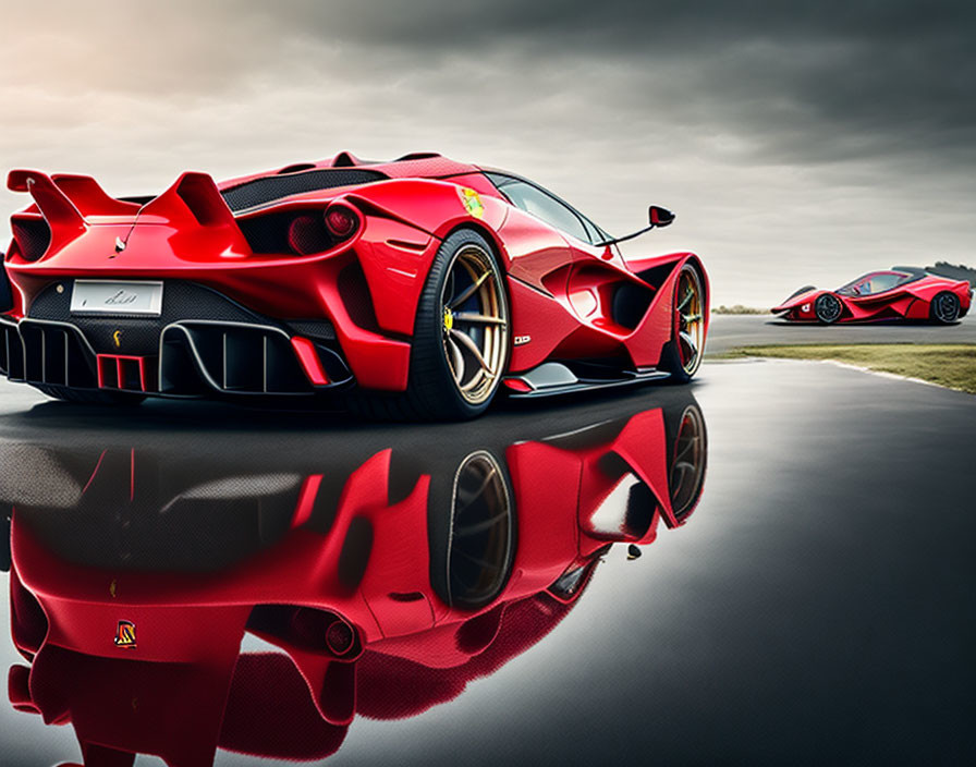 Red Ferraris on Reflective Surface Under Dramatic Sky