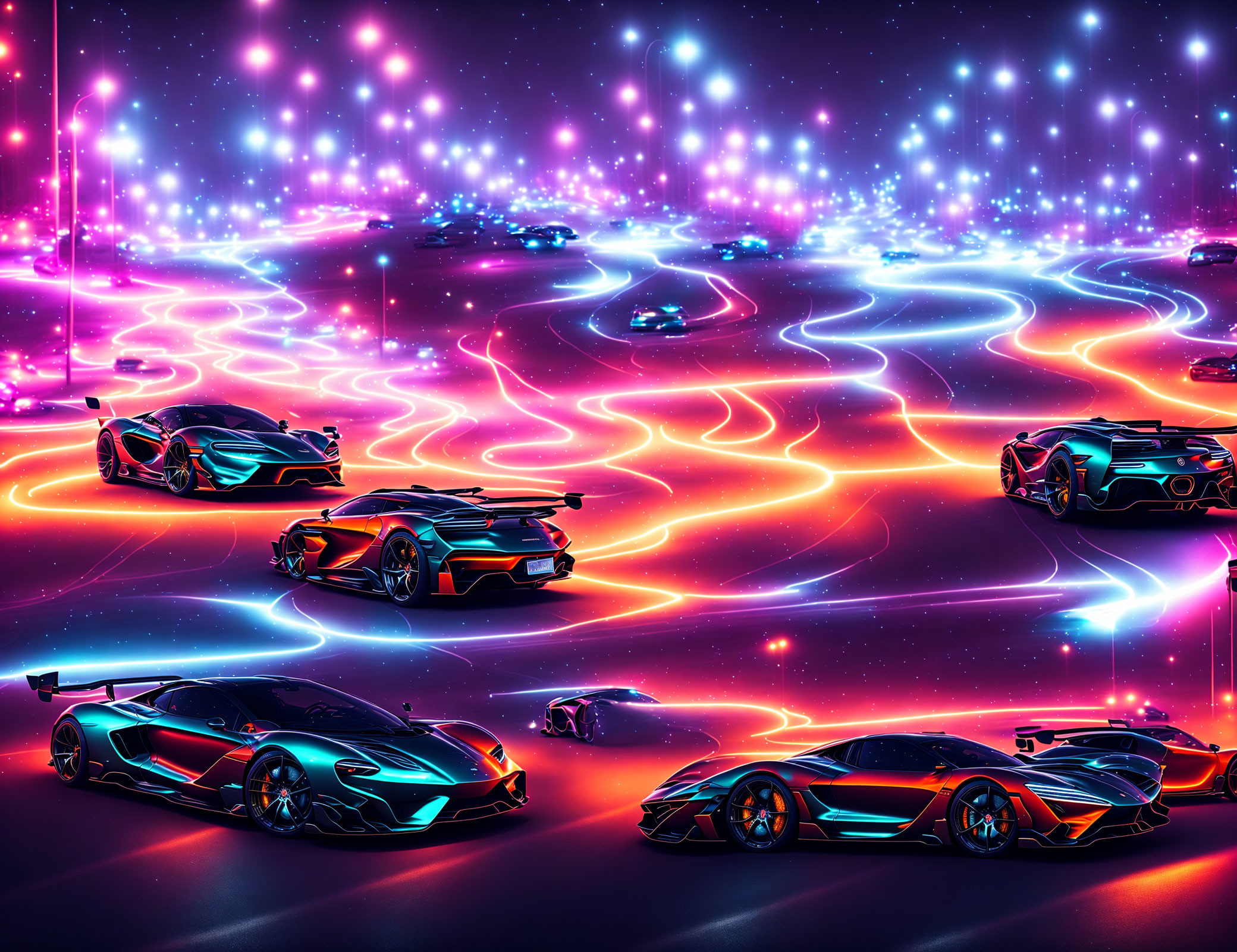 Futuristic cars racing on neon-lit track with starry sky