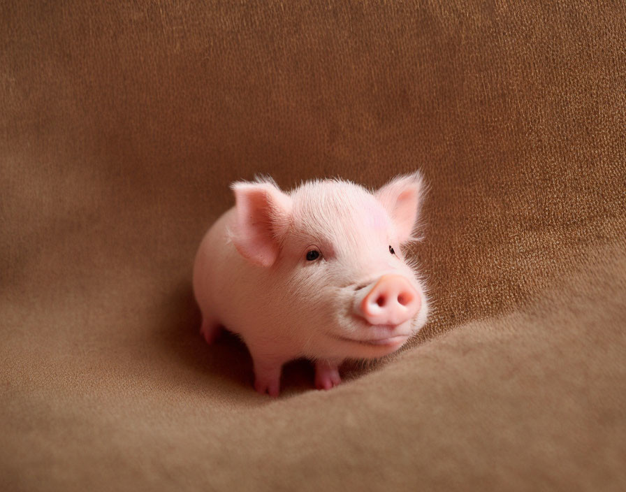 Pink piglet on textured surface with curious expression