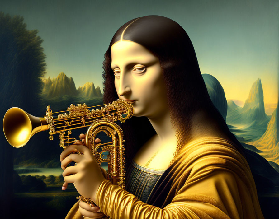 Surreal artwork: Mona Lisa playing golden trumpet in serene landscape