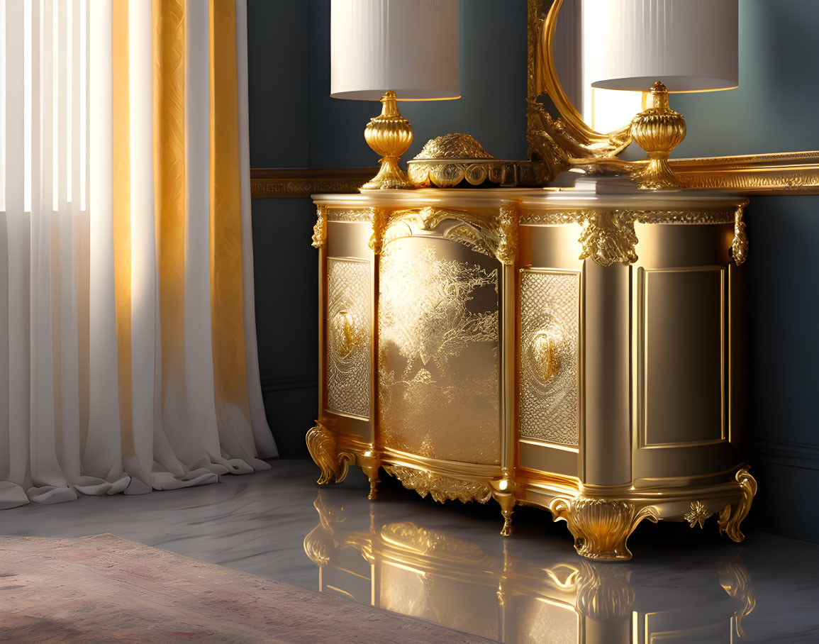 Luxurious Room Corner with Golden Cabinet, Table Lamps, and White Curtains