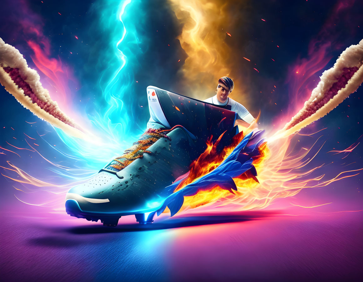 Colorful image: Person surfing on giant shoe in vibrant, fiery setting