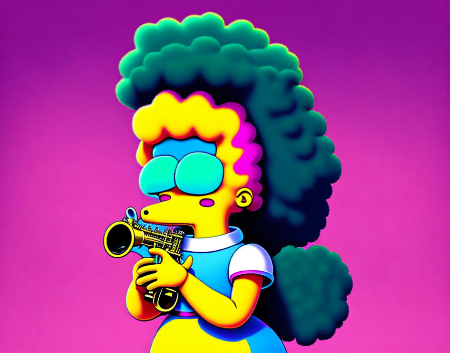 Female character with blue hair playing saxophone on pink and purple background