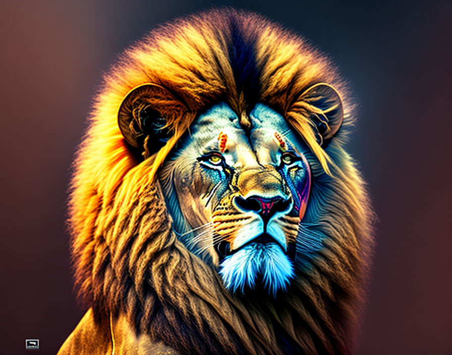 Colorful Lion Head Artwork with Neon Accents on Dark Background