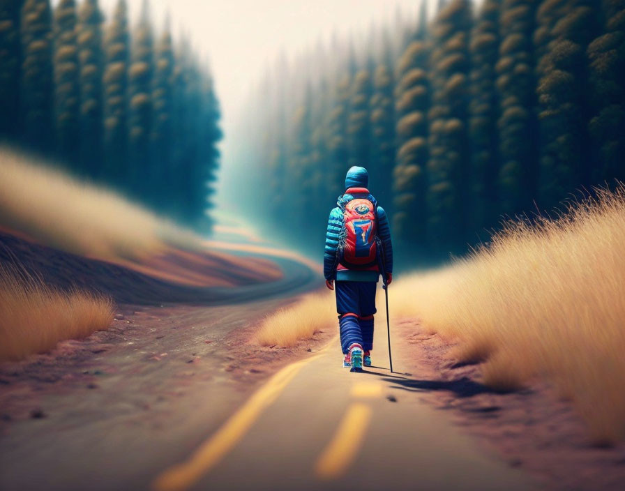 Solitary hiker with blue backpack on misty road surrounded by golden bushes and green pines.