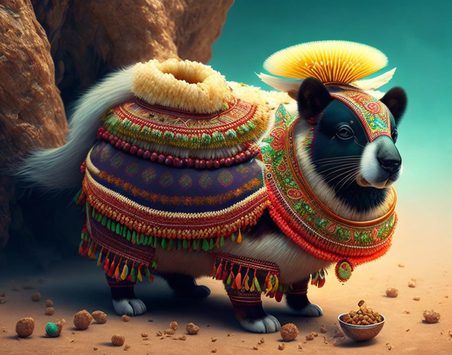 Colorful Traditional Garb Corgi with Food Bowl in Sandy Setting