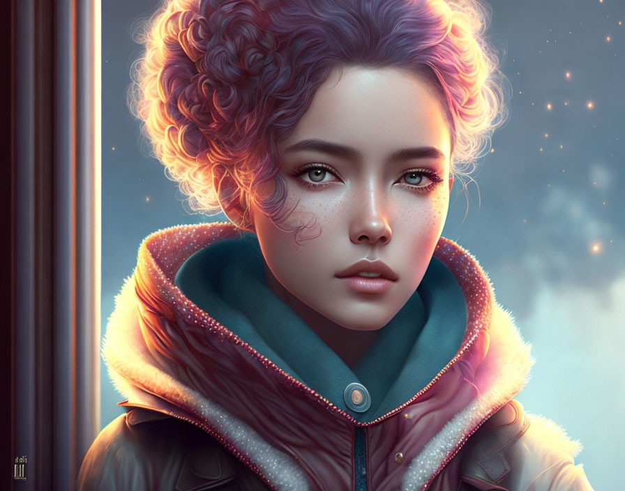 Colorful curly hair girl in coat gazes out window on frosty background