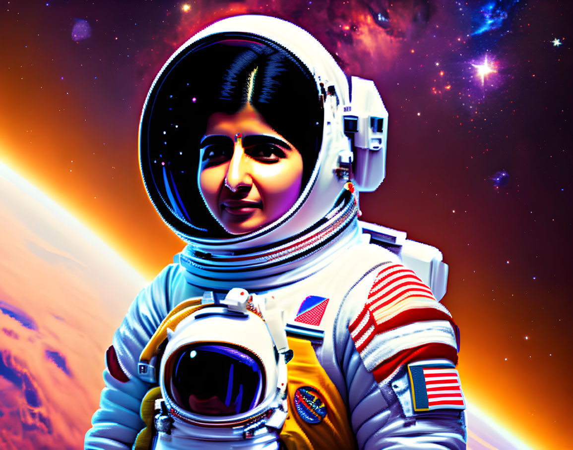 Female astronaut with space helmet in front of stars and nebula