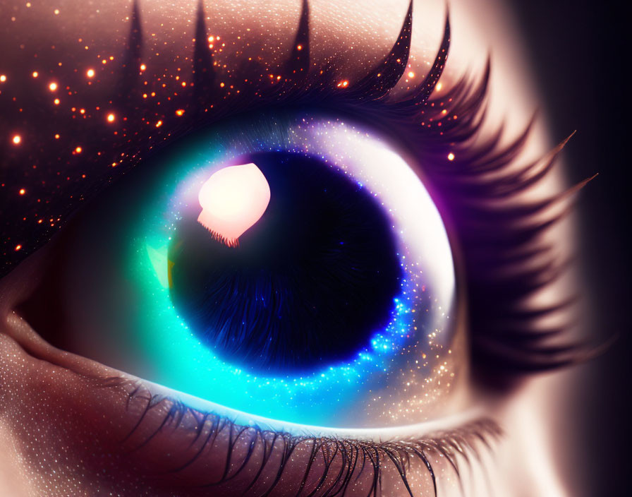 Highly stylized eye with vibrant galaxy reflection and dark eyelashes