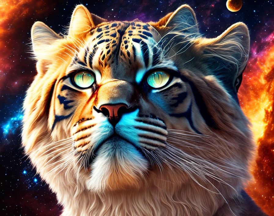 Colorful Tiger Artwork with Blue Eyes in Cosmic Setting