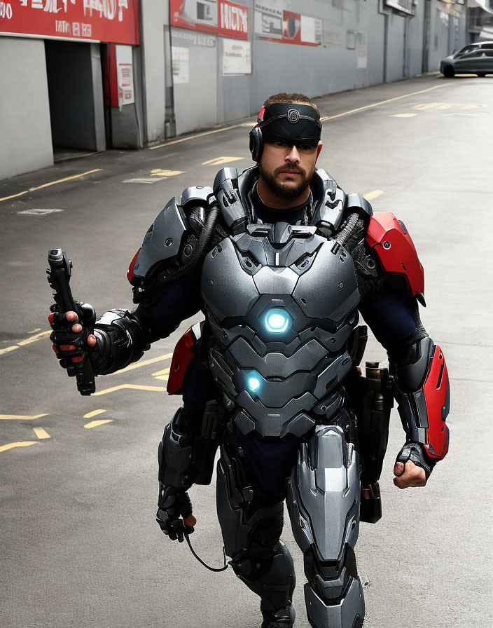 Detailed mechanized suit with red accents in futuristic alley scene