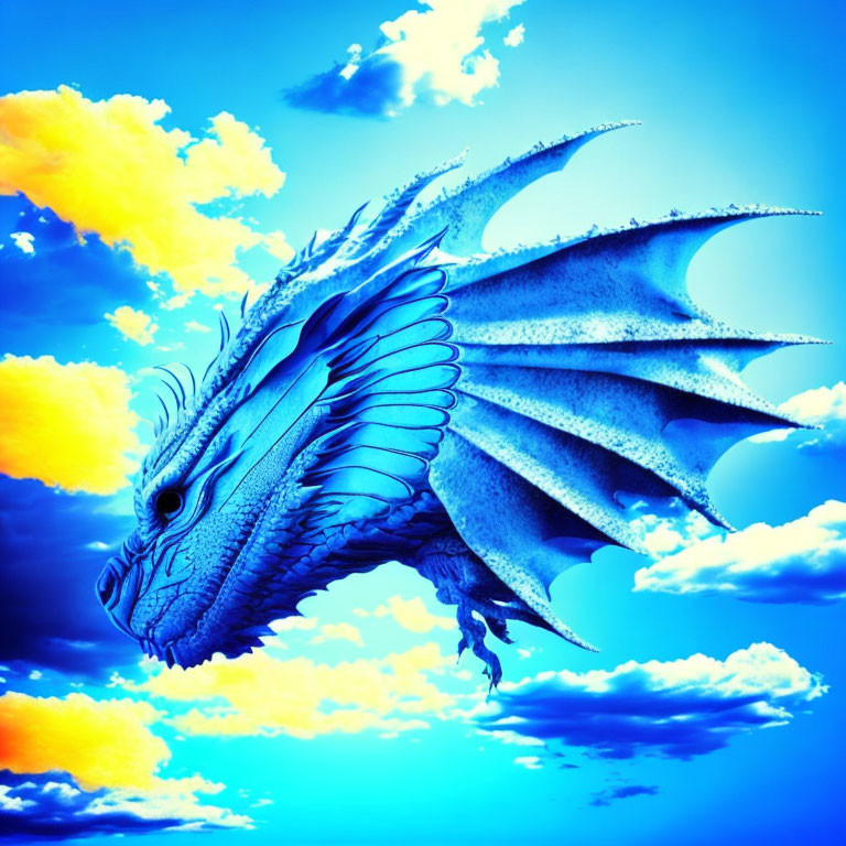 Vibrant blue dragon flying in vivid sunset sky