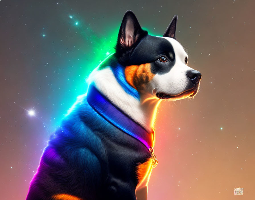 Galaxy-themed Dog Digital Artwork with Nebula Background