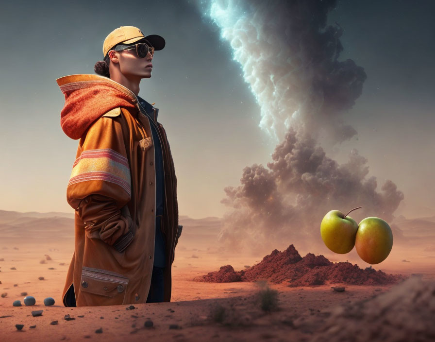 Person in desert with tornado and floating apples.