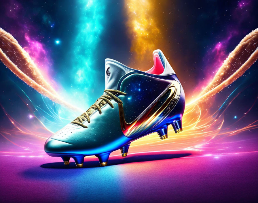 Vibrant cosmic-themed soccer cleats on colorful nebula background